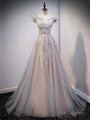 Gray Tulle Off the Shoulder Sequins Beading Prom Dress