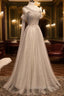 Gray Tulle One Shoulder Long Prom Dress, Gray Prom Graduation Dresses with Beading