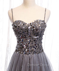 Gray Tulle Sequin Long Prom Dresses, Gray Tulle Formal Dresses with Beading Sequin