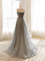 Gray Tulle Sequin Long Prom Dresses, Gray Tulle Long Evening Dresses