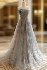 Gray Tulle Sequin Long Prom Dresses, Gray Tulle Long Evening Dresses