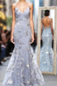 Gray Tulle Sequins Appliques Spaghetti Straps Backless Long Prom Dresses