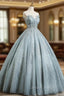 Gray Tulle Sequins Floor Length Prom Dresses, A Line Prom Gowns