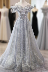 Gray Tulle Sequins Long A-Line Prom Dresses, Off the Shoulder Graduation Dresses