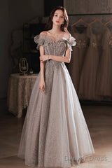 Gray Tulle Sequins Long Prom Dresses, A-Line Off The Shoulder Evening Dresses