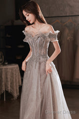 Gray Tulle Sequins Long Prom Dresses, A-Line Off The Shoulder Evening Dresses