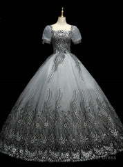 Gray Tulle Sequins Short Sleeve Quinceanera Dress