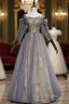 Gray Tulle Sequins Spaghetti Straps Long Sleeve Prom Dresses