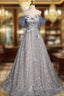 Gray Tulle Sequins Spaghetti Straps Prom Dresses