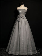 Gray Tulle Sequins Strapless Pleats Beading Prom Dress