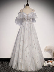 Gray Tulle Sequins Straps Beading Prom Dress