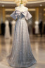 Gray Tulle Sequins Straps Bow Prom Dresses