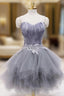 Gray Tulle Short Prom Dresses with Feather, Chic A-Line Strapless Party Dresses