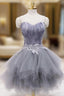 Gray Tulle Short Prom Dress with Feather, Chic A Line Strapless Prom Dresses