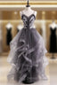 Gray Tulle Spaghetti Straps Appliques Prom Dresses