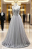 Gray Tulle Spaghetti Straps Beading Pearls Prom Dresses