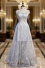 Gray Tulle Spaghetti Straps Embroidery Prom Dresses