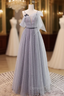 Gray Tulle Spaghetti Straps Pleats Prom Dresses