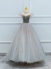 Gray Tulle Velvet Beading Prom Dress