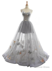 Gray V-neck Tulle Backless Butterfly Floor Length Wedding Dress