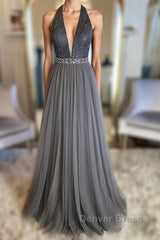 Gray v neck tulle beads long prom Dresses, gray tulle formal Dresses