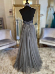 Gray v neck tulle beads long prom Dresses, gray tulle formal Dresses