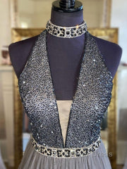 Gray v neck tulle beads long prom Dresses, gray tulle formal Dresses