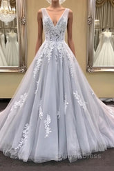 Gray v neck tulle lace applique long prom Dresses, gray evening Dresses
