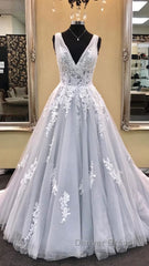 Gray v neck tulle lace applique long prom Dresses, gray evening Dresses