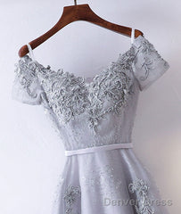 Gray V Neck Tulle Lace Applique Long Prom Dress, Lace Evening Dress