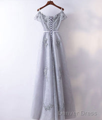 Gray V Neck Tulle Lace Applique Long Prom Dress, Lace Evening Dress
