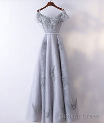 Gray V Neck Tulle Lace Applique Long Prom Dress, Lace Evening Dress