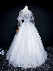 Gray v neck tulle lace long prom Dresses, gray tulle lace evening Dresses