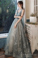 Gray V-Neck Tulle Long Prom Dress With Sequins, A-Line Graduation Dress