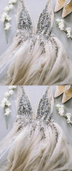 Gray V Neck Tulle Sequin Beads Long Prom Dress, Gray Tulle Evening Dress