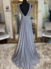 Gray v neck tulle sequin long prom Dresses, gray evening Dresses