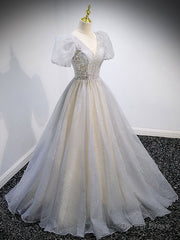 Gray v neck tulle sequin long prom dress, gray tulle formal dress