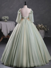 Green A-Line 3D Lace Long Prom Dress, Green Lace Sweet 16 Dress