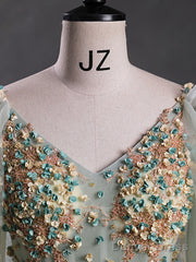 Green A-Line 3D Lace Long Prom Dress, Green Lace Sweet 16 Dress