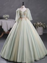 Green A-Line 3D Lace Long Prom Dress, Green Lace Sweet 16 Dress