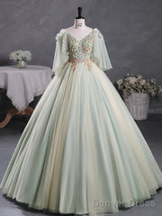 Green A-Line 3D Lace Long Prom Dress, Green Lace Sweet 16 Dress
