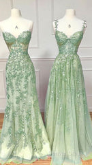 Green A Line Applique Mermaid Lace Long Prom Dresses