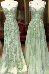 Green A Line Applique Mermaid Lace Long Prom Dresses
