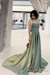 Green A-Line Backless Long Prom Dresses, Evening Dresses