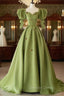 Green A Line Long Prom Dress Strawberry Lace, Lovely Short Sleeve Prom Dresses
