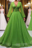 Green A Line Long Prom Dress, V Neck Green Tulle Long Prom Dresses