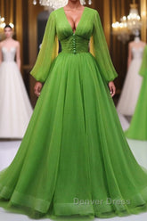 Green A Line Long Prom Dresses, V Neck Green Tulle Long Formal Evening Dresses