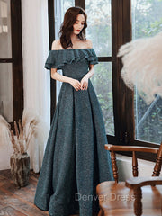Green A Line Off Shoulder Long Prom Dresses, Green Bridesmaid Dresses