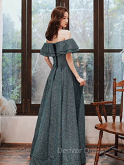 Green A Line Off Shoulder Long Prom Dresses, Green Bridesmaid Dresses