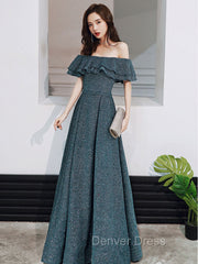 Green A Line Off Shoulder Long Prom Dresses, Green Bridesmaid Dresses